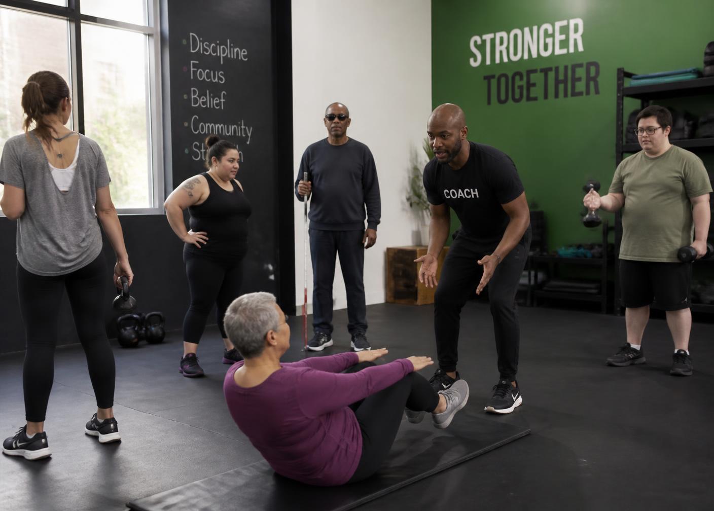 A small inclusive community fitness class with participants of different ages and abilities