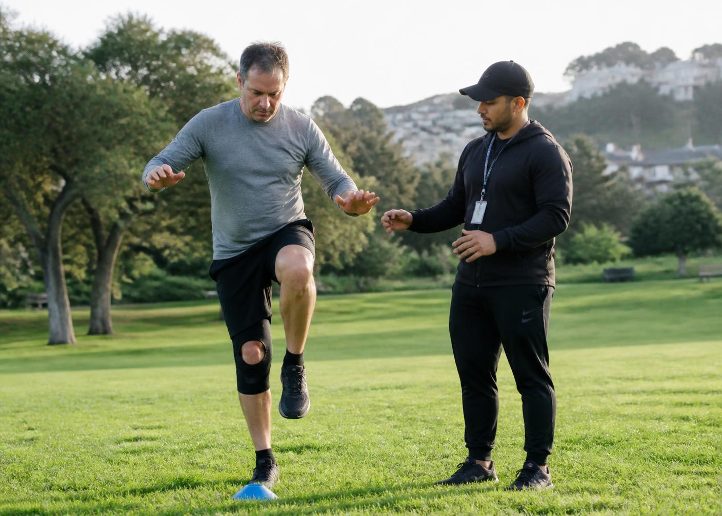 A mobile coach guiding a man through balance work in a San Francisco park